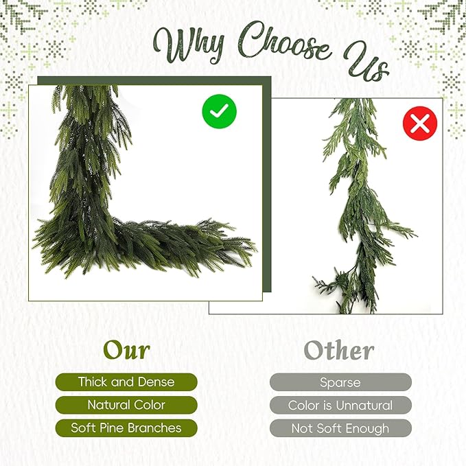 N&T NIETING 6FT Christmas Norfolk Pine Garland Real Touch Pine Artificial Faux Greenery Garlands Winter Christmas Garland for Table Mantle Fireplace Holiday Indoor Outdoor Xmas Decorations (1 Pcs)