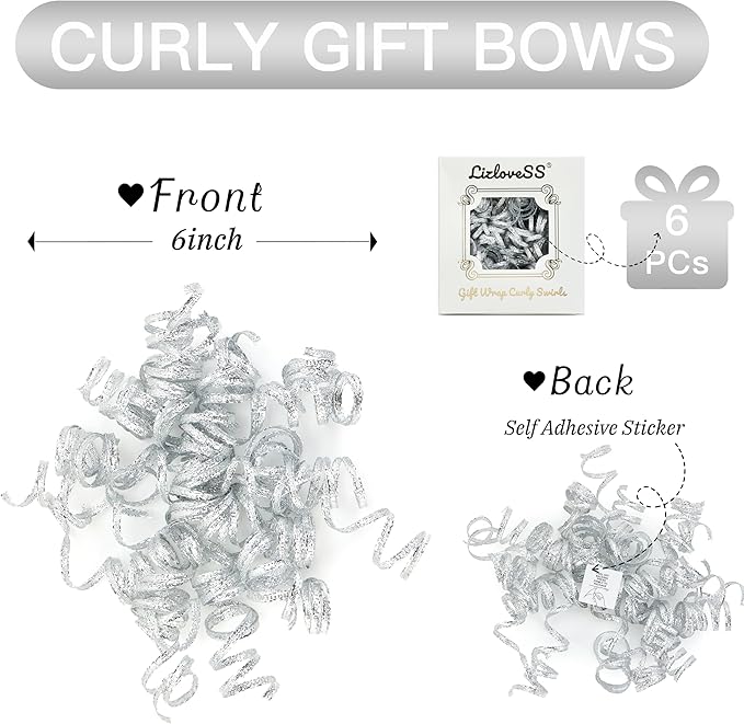 6" Metallic Silver Christmas Curly Ribbon Bows for Gift Wrapping Self Adhesive Gift Bows for Holiday Decor, Baskets, Birthday, Wedding, Presents, Party Favors Decorations 6 Counts