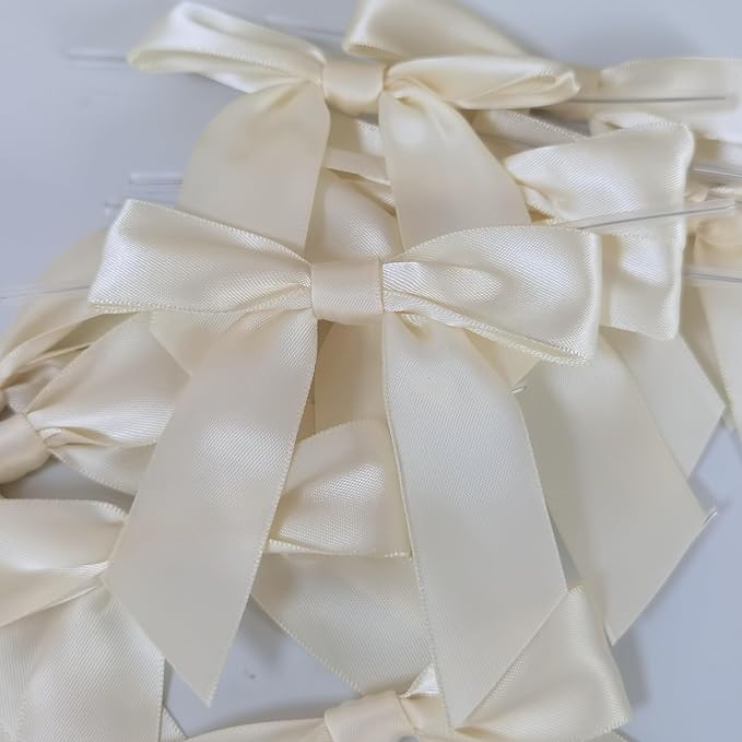 50pcs 3-1/2" Mini Satin Ribbon Bows with Twist Ties for Crafts Cream Color for Gift Wrapping Packing Holiday Candy Decoration (3.5"-Ivory)