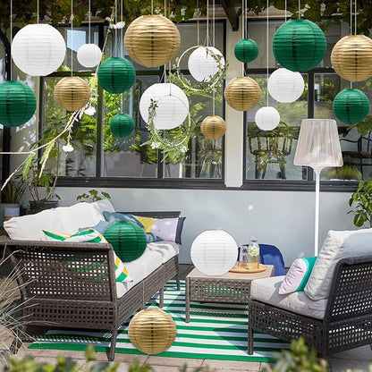 ADLKGG Green Gold Paper Lanterns Party Decorations, Round Hanging Lantern for St. Patrick's Day, Graduation, Wedding, Tropical Jungle Theme Birthday Party Football Theme Baby Shower Decorations