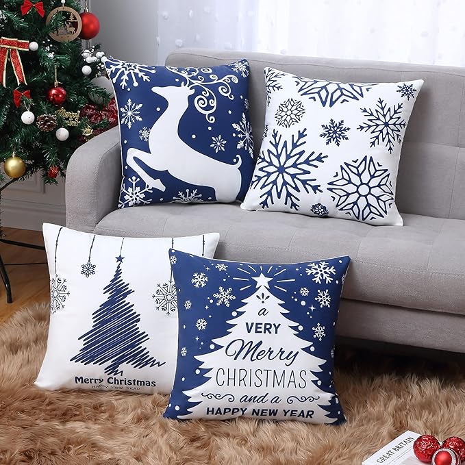 Christmas Pillow Covers 20X20 Set of 4 Navy Blue white Christmas Decorations Merry Christmas Snowflake Throw Pillow Covers Deer Xmas Tree Decor