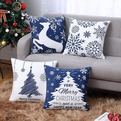NANAN Christmas Pillow Covers 18X18 Inch Set of 4 Navy Blue Christmas Pillow Cases Snowflake Merry Christmas Holiday Pillowcases Xmas Trees Elk Deer Decorative