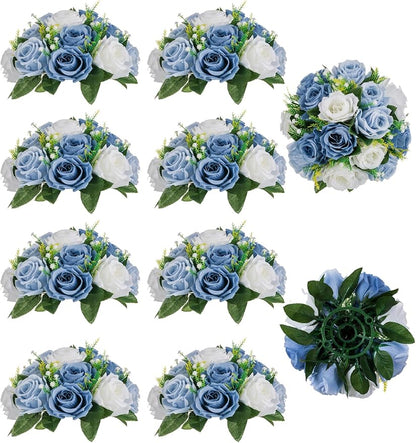 BLOSMON Flower Ball Centerpieces for Table 10 Pcs Fake Rose Centerpiece Flowers Dusty Blue Artificial Silk Floral Arrangement Center Piece Kissing Bouquet for Wedding Party Home Decor