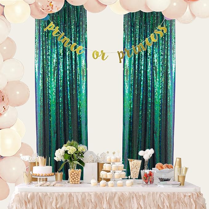 ShinyBeauty Sequin Backdrop Set of 4, 2FTx8FT Photo Backdrop Sequin Curtains Shimmer Wall Backdrop Photograph Backgrounds Sparkle Backdrop Curtains (Iridescent Green and Gold)