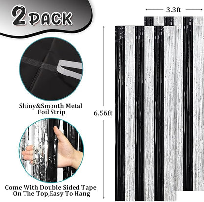 2 Pack Black and Silver Tinsel Foil Fringe Curtains, Black White Party Decorations, Metallic Tinsel Party Streamers Backdrop for New Years Birthday Christmas Graduation Decorations