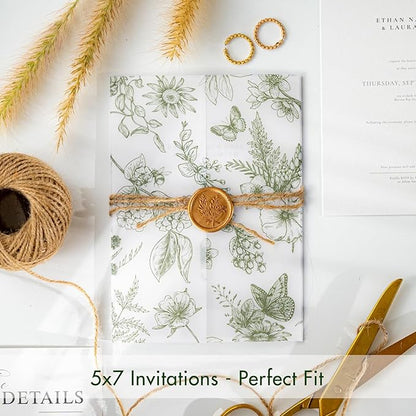 50 Pack Pre-Folded Vellum Jackets for 5x7 Invitations,AZAZA Elegant Translucent Invitation Sleeves,115GSM Vellum Jackets 5x7, Wedding Invitation Accessories, for Weddings Birthdays,Sage Green Toile