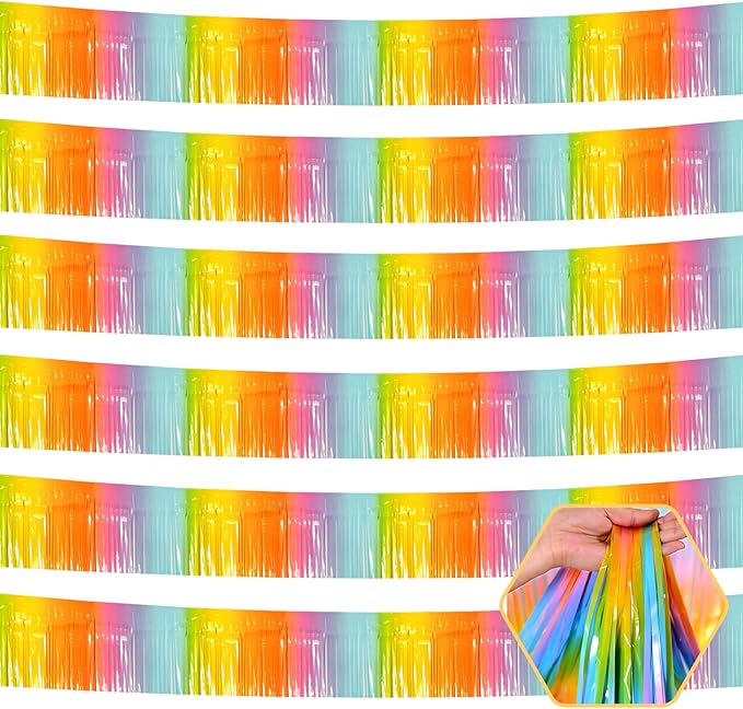 6 Pack 10 Feet Rainbow Foil Fringe Garland Metallic Tinsel Streamers Banner Wall Hanging Curtain Backdrop for Parade Floats, Birthday, Graduate, Mother's Day, Wedding Party Decoration