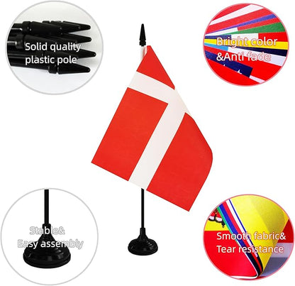 Denmark Desk Flag, 12 Pack Danish Table Office Flag with Black Solid Pole and Stand Base, International Country Flag, Festival Celebration, Classroom Meeting Desktop Decor (Denmark)