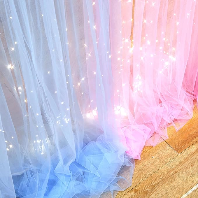 Pink Blue Sheer Tulle Backdrop Curtains with Lights String for Gender Reveal Baby Shower Decorations for Boy or Girl Birthday Party Photo Shoot Backdrop Background Decorations 2 Panels 5×8ft