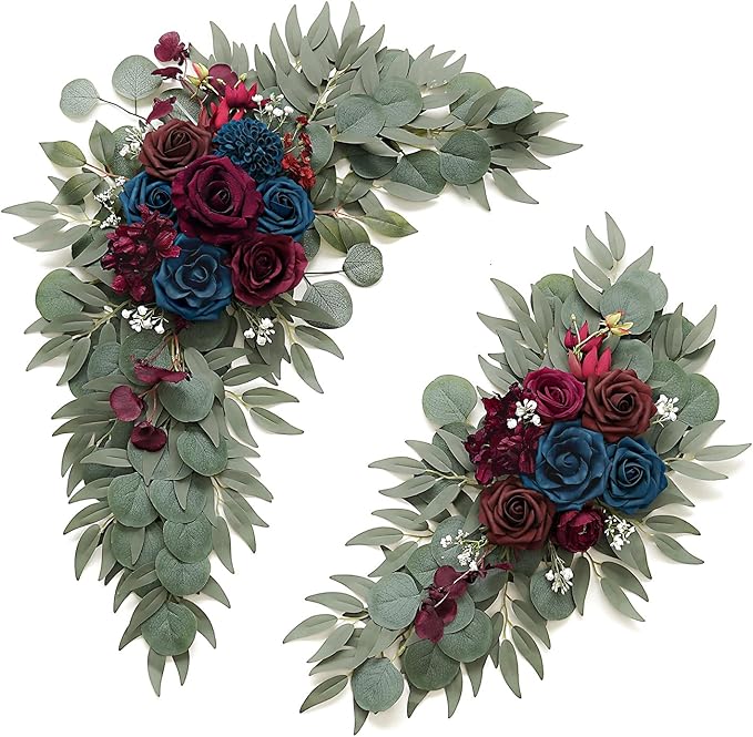 Navy and Burgundy Flower for Wedding Welcome Signs Decorations, Artificial Burgundy Wedding Arch Flowers for Wedding Ceremony (Set of 2)