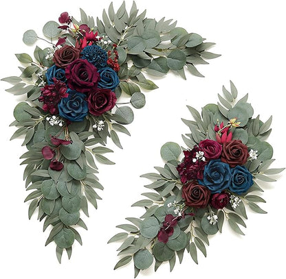 Navy and Burgundy Flower for Wedding Welcome Signs Decorations, Artificial Burgundy Wedding Arch Flowers for Wedding Ceremony (Set of 2)