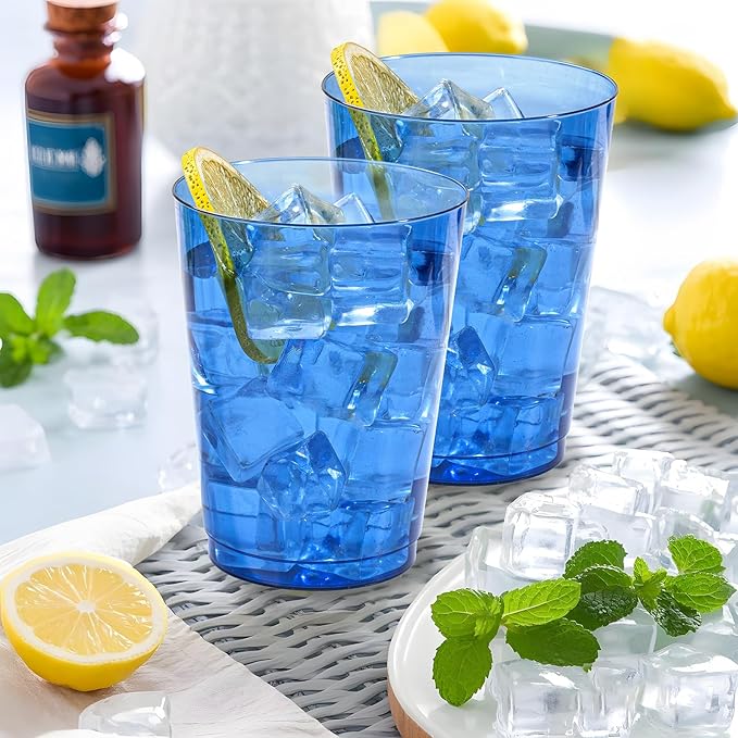DaYammi 100 Pack Clear Blue Plastic Cups 10 Oz, Blue Cups for Party Disposable Wine Glasses Heavy Duty Disposable Tumblers Drinking Cocktail Glasses for Wedding
