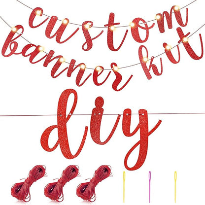TaoBary 167 Pcs DIY Banner Kit Happy Birthday Glitter Banner Customizable Glitter Make Your Own Kit 162 Letters Symbols and Numbers 3 Rope for Birthday Halloween Wedding Christmas(Red)