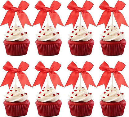 24 PCS Bow Cupcake Toppers Bowknot Cake Toppers Bow Cupcake Picks Bowknot Birthday Party Decorations Bow Cake Dessert Picks for Wedding Bridal Engagement Baby Shower Birthday Party Supplies Red