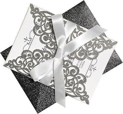 50Pcs Laser Cut Black Wedding Invitation With Glitter Envelopes And Ribbons Blank Personalized Card Invitaciones Para quinceañera Birthday Baby Shower Christmas Party Bridal Shower