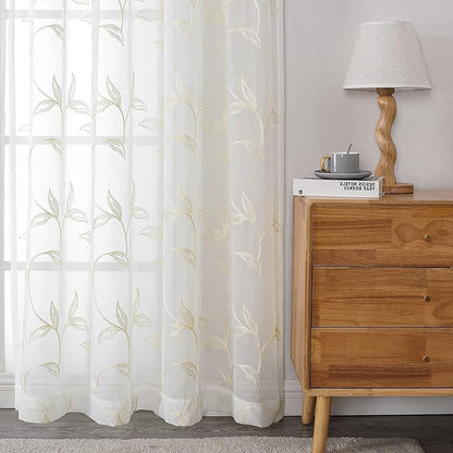 VISIONTEX Sheer Curtains 72 inch Length 2 Panels Set, White Voile Crushed Cream Vine Leaves Embroidery, Rod Pocket Embroidered Window Drapes for Living Room and Bedroom, 54" x 72"