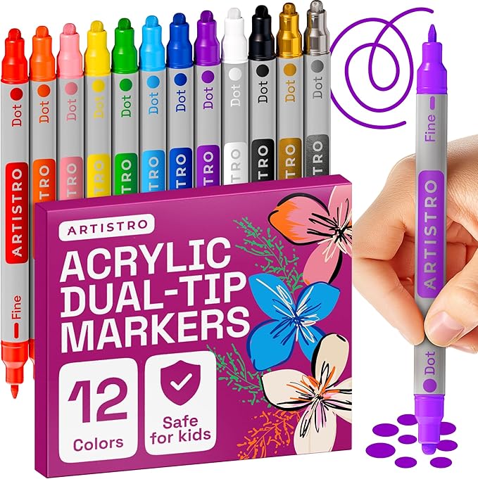 ARTISTRO Vibrant Acrylic Paint Markers for Glass, Rock, Fabric, Wood, Paper, Ceramic, Canvas & More - 12 Dual-Tip Paint Pens (Dot & Fine)