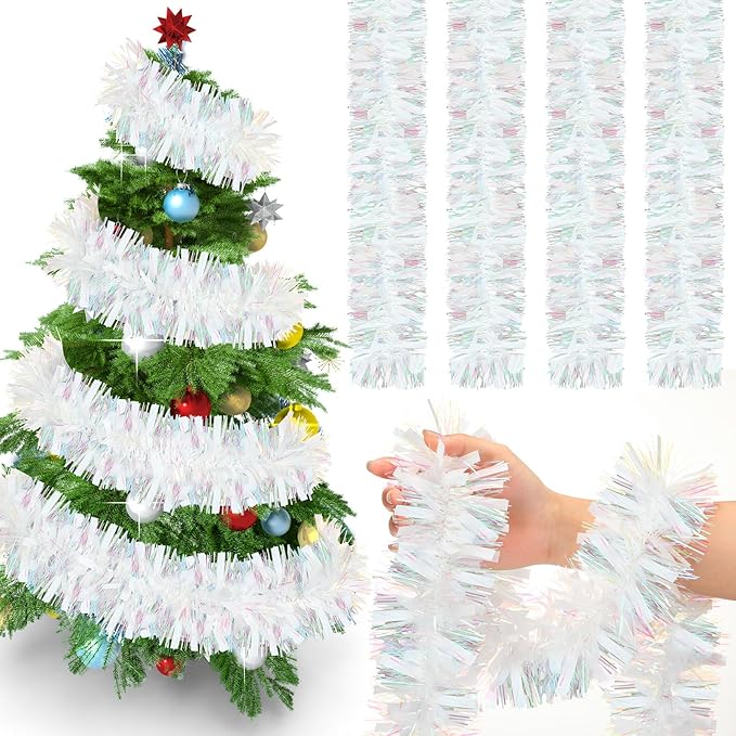 72 Feet Christmas Tinsel Garland Shiny Metallic Tinsel Twist Garland Streamers Ornaments Long Glitter Christmas Tree Hanging Decorations for Party Holiday Wedding Birthday Tree Wall Rail (White)