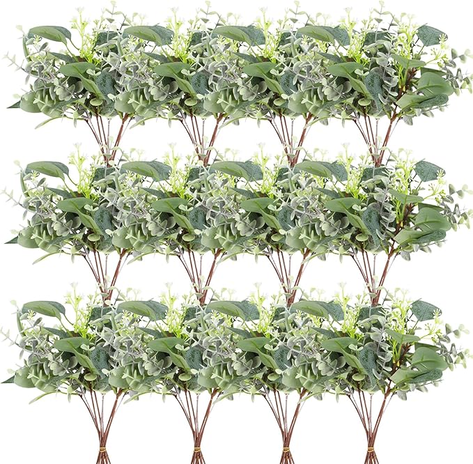 120 PCS Artificial Eucalyptus Stems Bulk Faux Silver Dollar Leaves for Vase Bouquets Baby Eucalyptus Leaves for Family Wedding Center Flower Arrangement