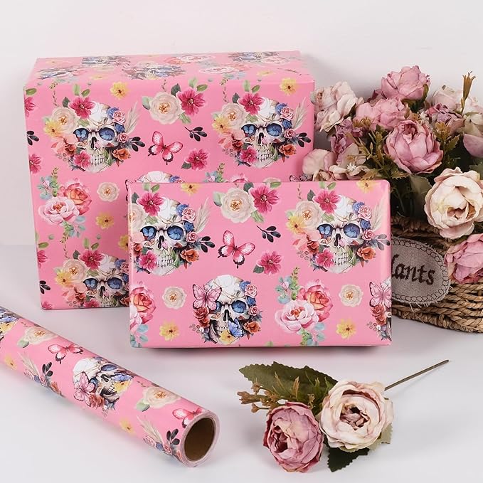 Aimyoo Gothic Wrapping Paper Roll, 17 Inch X 16.5 Feet Skull Floral Butterfly Design Gift Wrap Paper for Mother's Day, Birthday Bridal Shower