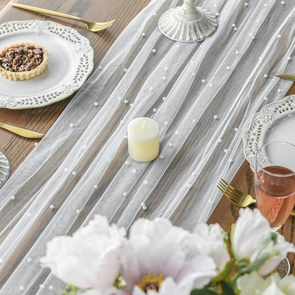 Artoid Mode Pearl Gauze Table Runner 120 Inch 10FT, Seasonal Sheer Dining Holiday Wedding Birthday Baby Shower Table Decor for Home Party
