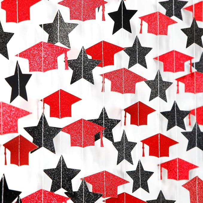Red-Black Graduation-2025 Class Party-Decorations Garland - Congrats Grad Hat Star Banner Streamers,Senior High School Night College Congratulations Decor Supplies Ouruola