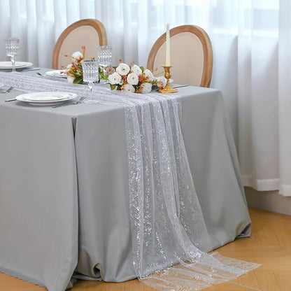 Snowkingdom 3 Pcs 10 FT Silver Cheesecloth Table Runner, 120 Inch Sheer Chiffon Gauze Runner, Sequin Glitter Silver Table Decoration Centerpieces for Wedding Birthday Christmas Bridal Baby Shower