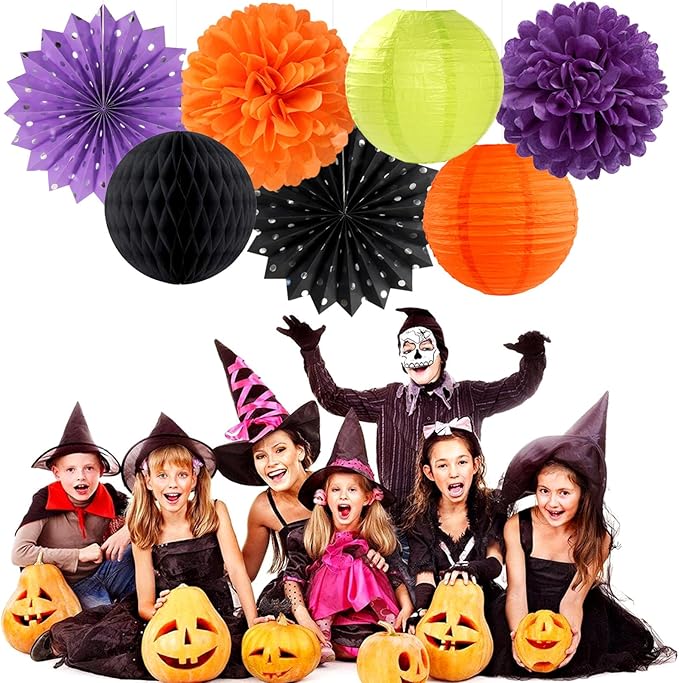 Black-Orange Purple Green Halloween Party-Decorations - 14pc Kit Paper Lanterns Fan,Tissue Flower Pom Poms Streamers,Honeycomb Balls,Birthday Supplie Wedding Baby Bridal Shower Decor Lasting Surprise