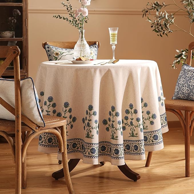 patdrea Designer Linen Blue Round Tablecloth,Vintage Leaves Pattern Floral Anti-Wrinkle Table Cloth,French Fall Dacorative Table Cover for Kitchen Dining,Thanksgiving,Party,Diameter 67"-Ivar B
