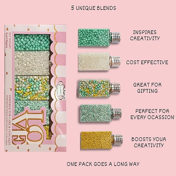 Confect Cake Sprinkles Mix Pack of 5 – Sky Blue, Yellow & White – Pearl Dragees, Jimmies, Sparkling Sugar – Baking Decorations for Cakes, Cupcakes, Cookies & Desserts- Vegan, Gluten-Free, Nut-Free, Soy-Free, Dairy-Free, Palm Oil-Free- 5 Oz