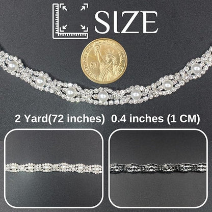 PEARLY JUN 2 Yards Pearl Rhinestone Trim Chain Silver Crystal Fringe Diamond Applique Ribbon String Tassel Strip for Sewing Wedding Dress Crafting Crafts Flower Embellishments