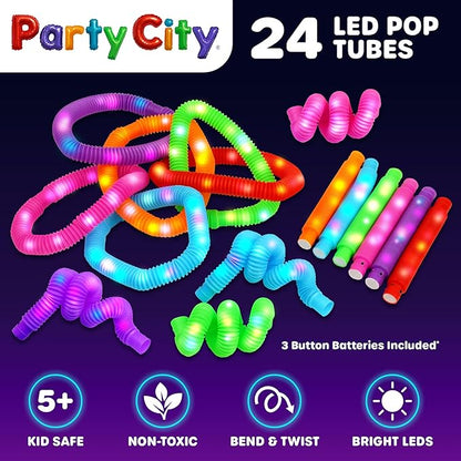 Party City 24pk LED Light Up Pop Tubes 25”- 3 Mode Stretchy Tubes LED Light Up Toys Bulk Glow Sticks Party Favors for Kids Necklaces Bracelets Neon Glow in the Dark Supplies Fidget Sensory Tube Pack