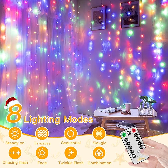 Ollny Curtain Lights 200LED 6.6x6.6ft, USB Multicolor Christmas Curtain Lights with Remote 8 Modes Timer, Waterproof String Lights for Bedroom Backdrop Window Indoor Outdoor