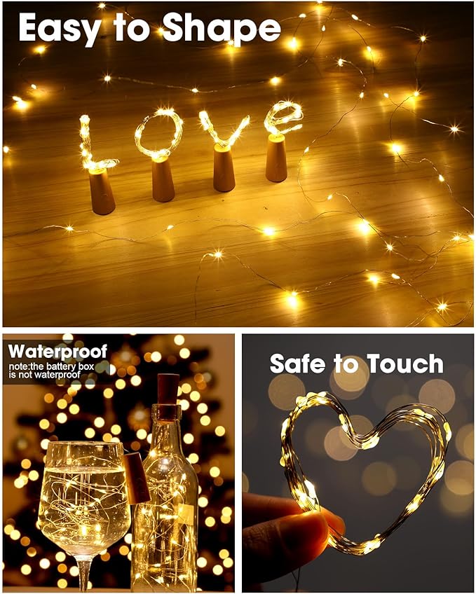 Hortsun 80 Pack Wine Bottle Lights with Cork Fairy Mini String Lights Battery Operated Mini Waterproof 7 ft Silver Wire 20 Led Cork Shape for Christmas, DIY, Party, Decor, Wedding, Bar(Warm White)