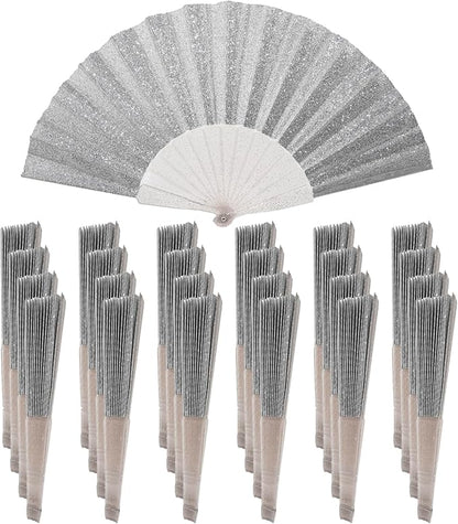 24 Pack Handheld Fan,Folding Hand Glitter fan with Shining Transparent Fan Rib – Ideal for Wedding, Church, Festival, Dance, Tea Party, Club, and EDM Accessories, Silvery