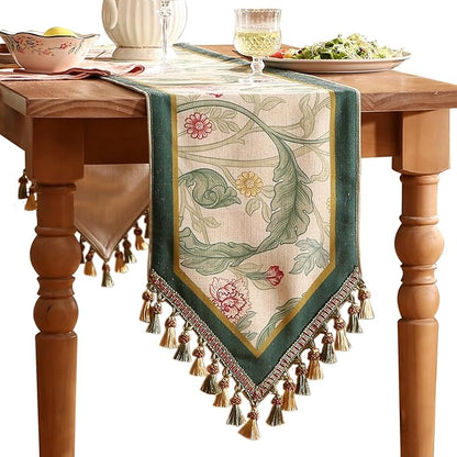 patdrea Designer Green Floral Table Runner,French Elegant Vibrant Rustic Linen with Green Leaves Patterns Fabric Table Mat,Decoration for Kitchen Dining Room Banquet Christmas,12"*102"
