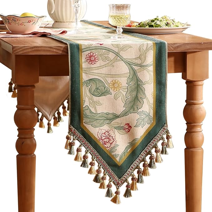 patdrea Designer Green Floral Table Runner,French Elegant Vibrant Rustic Linen with Green Leaves Patterns Fabric Table Mat,Decoration for Kitchen Dining Room Banquet Christmas ,12"*71"