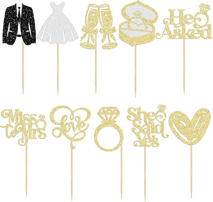 Gyufise 30Pcs She Said Yes Cupcake Toppers Glitter Diamond Ring I Do Love Cupcake Picks Miss to Mrs He Asked Bridal Shower Wedding Engagement Bachelorette Cake Decoration Gold
