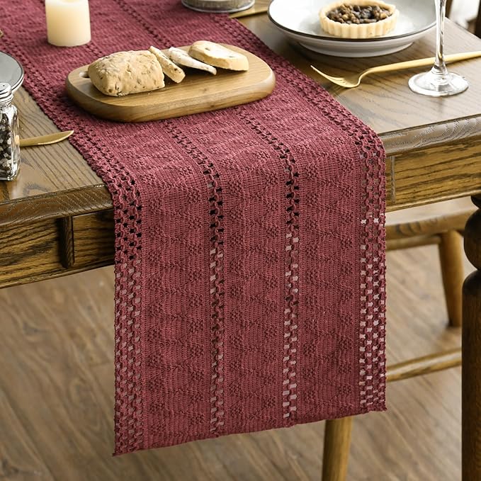 Artoid Mode Red Farmhouse Woven Rustic Hollow Table Runner, Seasonal Holiday Hollow Kitchen Dining Table Decoration for Home Party Decor 12x48 Inch