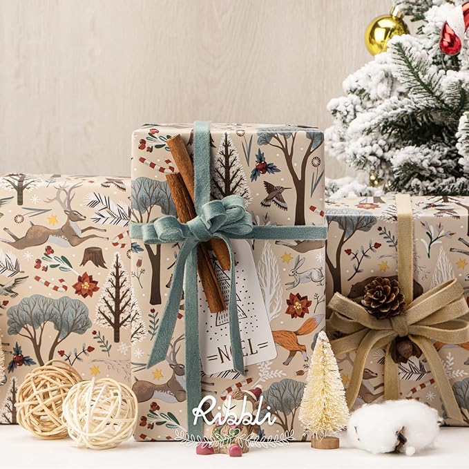 Ribbli Christmas Wrapping Paper Rolls,Mini Roll-17 Inch x 33 Feet-Christmas Woods