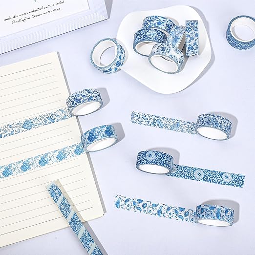Whaline 12 Rolls Blue Floral Washi Tape Chinoiserie Flower Washi Tape Vintage Masking Decorative Gift Wrapping Paper Tape for DIY Craft Scrapbook Envelope Party Favor Supplies