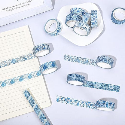 Whaline 12 Rolls Blue Floral Washi Tape Chinoiserie Flower Washi Tape Vintage Masking Decorative Gift Wrapping Paper Tape for DIY Craft Scrapbook Envelope Party Favor Supplies