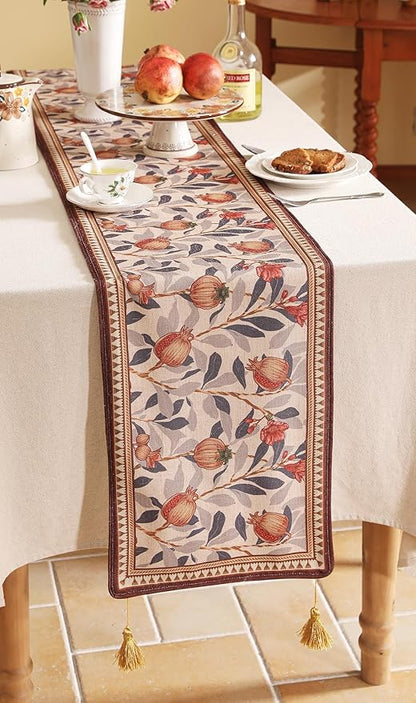 patdrea Designer Vintage SaddleBrown Linen Table Runner 87 Inch Long, Pomegranates Pattern Table Mat, Decoration for Kitchen Dining Table Coffee Table Shelf Cabinet Banquet Christmas ,12"*87"