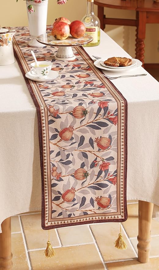 patdrea Designer Vintage SaddleBrown Linen Table Runner 102 Inch Long, Pomegranates Pattern Table Mat, Decoration for Kitchen Dining Table Coffee Table Shelf Cabinet Banquet Christmas ,12"*102"