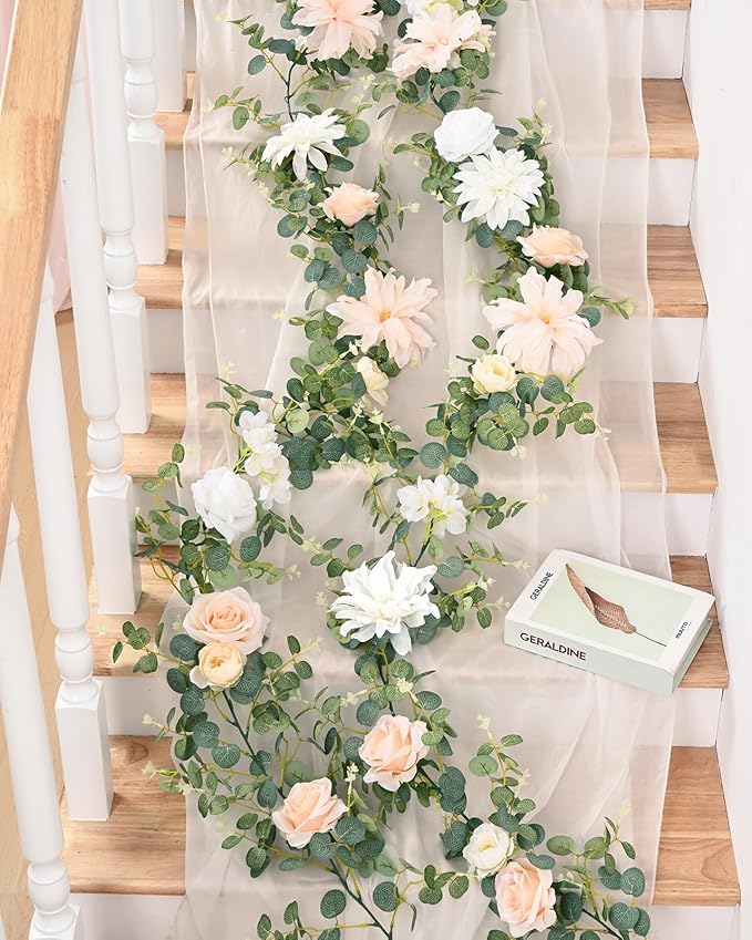 Waipfaru 6.07Ft Eucalyptus Greenery Garland with Flowers, Dusty Blue and White Rose Flower Vines for Wedding Table Runner Centerpieces Backdrop Room Decor