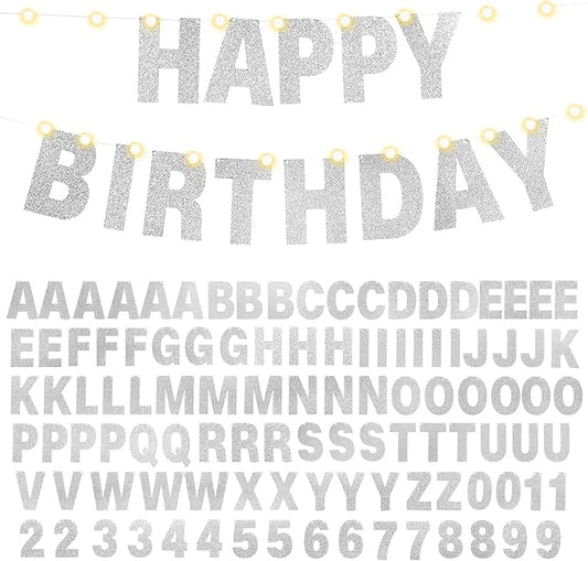 TaoBary 112 Pcs DIY Letter Kit Glitter Customizable Banner Letters Include 107 Letters and Numbers 3 Rope and 2 Needles for Birthday Halloween Christmas Wedding Valentine Party Decor(Silver)