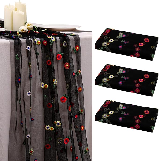 BINBE 3pcs Black Daisy Fall Table Runner Embroidery Gauze 10FT Florals Seasonal Tulle Holiday Birthday Kitchen Dining Table Decor for Home Party