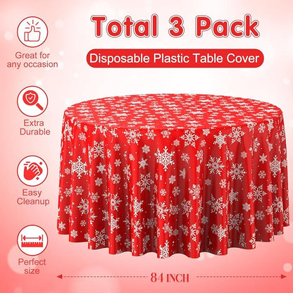 3 Pieces Christmas Snowflake Plastic Party Tablecloth Decorations, Disposable White Snowflake Red Xmas Round Table Cover Backdrop for Winter Christmas Holiday New Year Party Supplies,84 inch (Red)