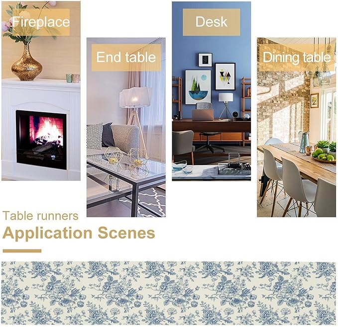 Floral Table Runner, Retro Blue Flower Chinoiserie Sketch Pattern Print Table Runner for Kitchen Dinning Table Runner Decor Home Wedding Party Holiday, 13x60 Inch