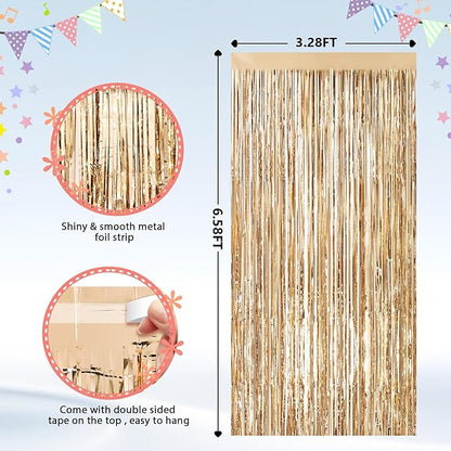 2Pack Champagne Gold Foil Fringe Backdrop Curtains, Tinsel Door Streamers, Fringe Backdrop for Graduation New Years Eve, Graduation, Birthday, Wedding, Baby Shower, Gender Reveal, Disco Party Decors